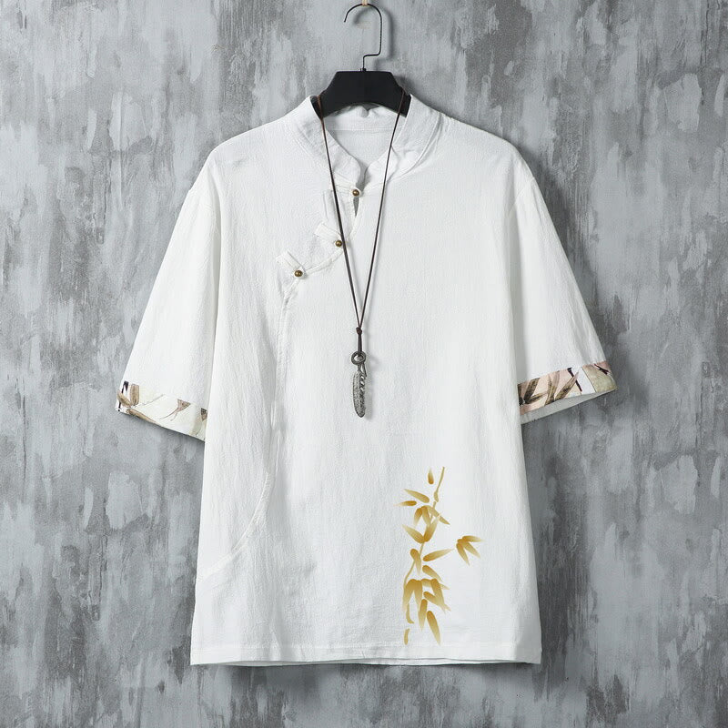 Buddha Stones Camicia da uomo a maniche corte in bambù, stile estivo Tang, casual, con bottoni a rana. - Bianco - US/UK/AU46, EU56 (5XL) - image 2