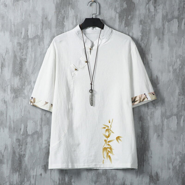 Buddha Stones Camicia da uomo a maniche corte in bambù, stile estivo Tang, casual, con bottoni a rana. - Bianco - US/UK/AU46, EU56 (5XL) - image 2