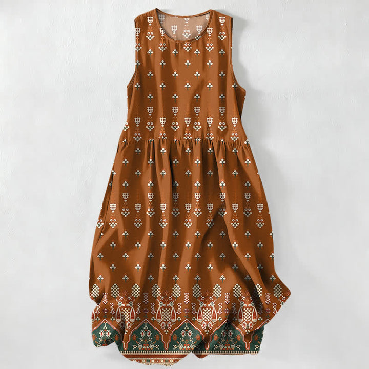 Buddha Stones Abito midi estivo da donna senza maniche con tasche, motivo floreale geometrico e geometrico, stile bohémien casual. - Perù - US16, UK/AU20, EU48 (3XL) - image 0