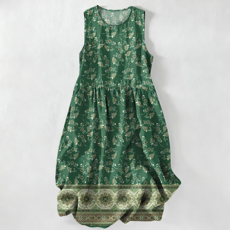 Buddha Stones Abito midi estivo casual da donna con motivo floreale e bordo a vite, senza maniche e tasche. - Verde studentesco - US16, UK/AU20, EU48 (3XL) - image 5