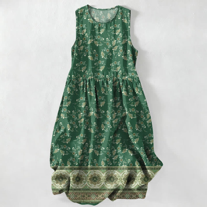 Buddha Stones Abito midi estivo casual da donna con motivo floreale e bordo a vite, senza maniche e tasche. - Verde studentesco - US16, UK/AU20, EU48 (3XL) - image 5