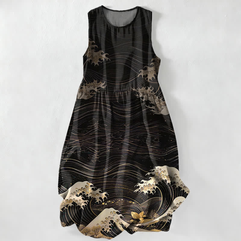 Buddha Stones Abito midi estivo casual da donna con motivo Ukiyoe a onde oceaniche, senza maniche e con tasche. - Nero - US16, UK/AU20, EU48 (3XL) - image 0