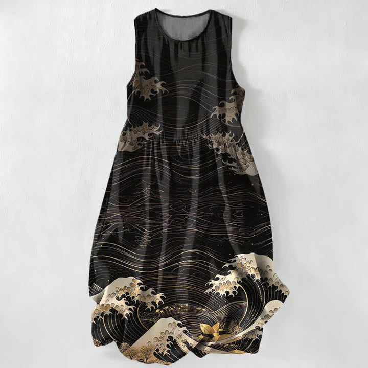 Buddha Stones Abito midi estivo casual da donna con motivo Ukiyoe a onde oceaniche, senza maniche e con tasche. - Nero - US16, UK/AU20, EU48 (3XL) - image 0