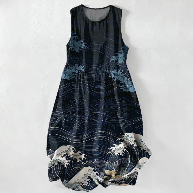 Buddha Stones Abito midi estivo casual da donna con motivo Ukiyoe a onde oceaniche, senza maniche e con tasche. - Marina - US16, UK/AU20, EU48 (3XL) - image 4