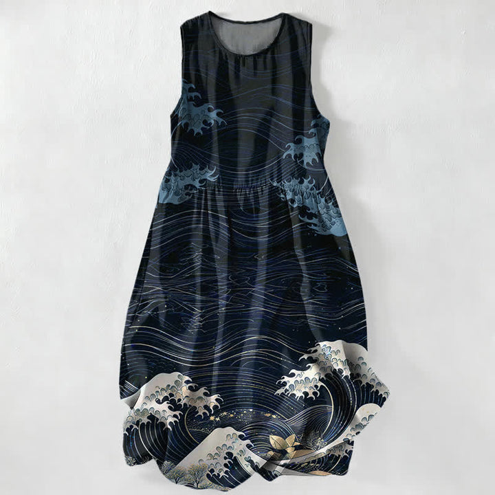 Buddha Stones Abito midi estivo casual da donna con motivo Ukiyoe a onde oceaniche, senza maniche e con tasche. - Marina - US16, UK/AU20, EU48 (3XL) - image 4