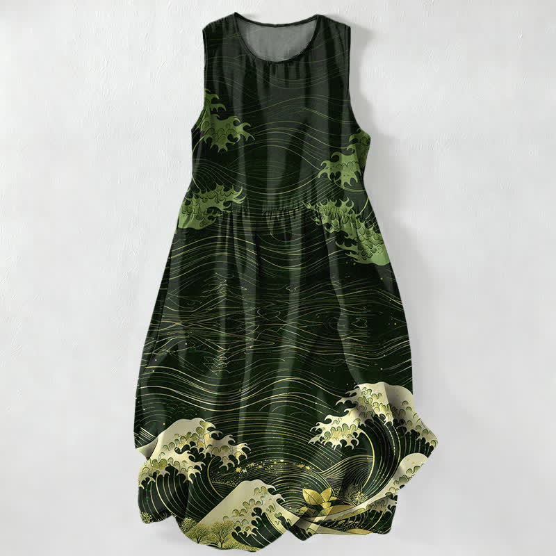 Buddha Stones Abito midi estivo casual da donna con motivo Ukiyoe a onde oceaniche, senza maniche e con tasche. - Verde scuro - US16, UK/AU20, EU48 (3XL) - image 5