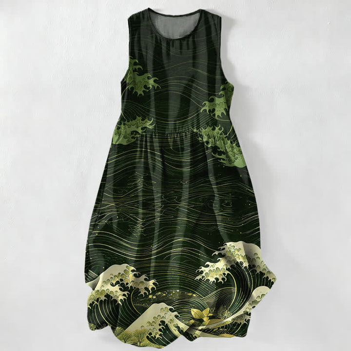 Buddha Stones Abito midi estivo casual da donna con motivo Ukiyoe a onde oceaniche, senza maniche e con tasche. - Verde scuro - US16, UK/AU20, EU48 (3XL) - image 5