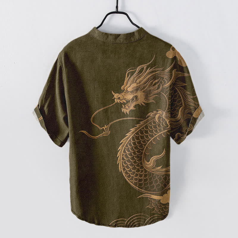 Buddha Stones Camicia da uomo a maniche corte con mezza abbottonatura, in cotone, con motivo drago dorato. - image 1