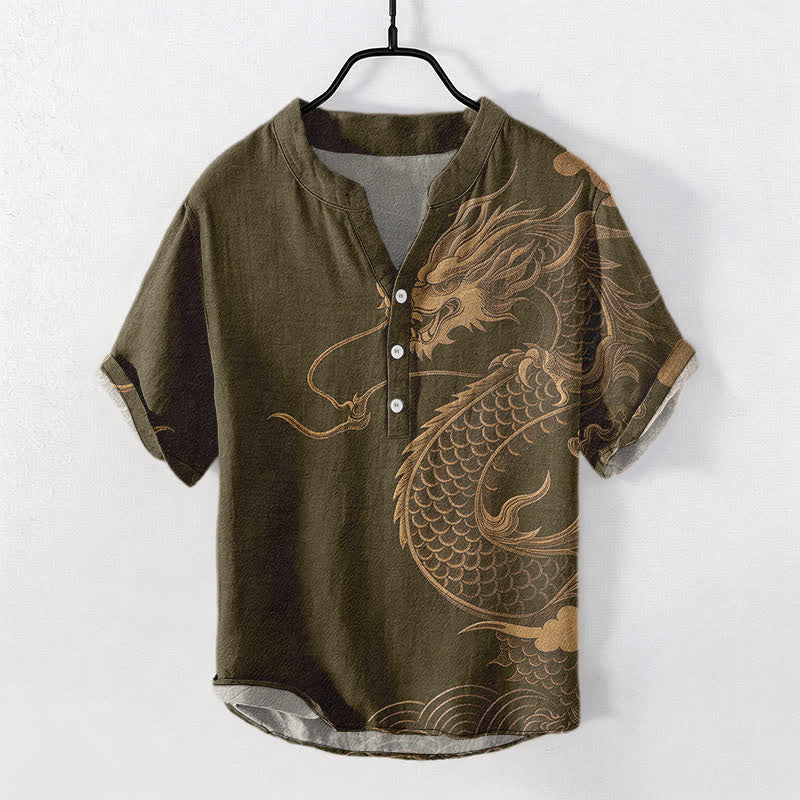 Buddha Stones Camicia da uomo a maniche corte con mezza abbottonatura, in cotone, con motivo drago dorato. - Oliva - US/UK/AU50, EU60 (5XL) - image 0