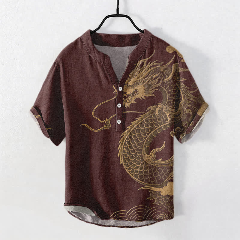 Buddha Stones Camicia da uomo a maniche corte con mezza abbottonatura, in cotone, con motivo drago dorato. - Marrone - US/UK/AU50, EU60 (5XL) - image 5