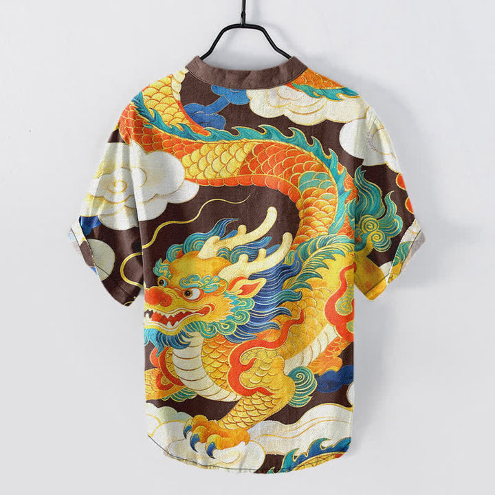 Buddha Stones Camicia da uomo a maniche corte con mezzo bottone, in cotone, con motivo drago dorato e nuvole di buon auspicio. - image 1
