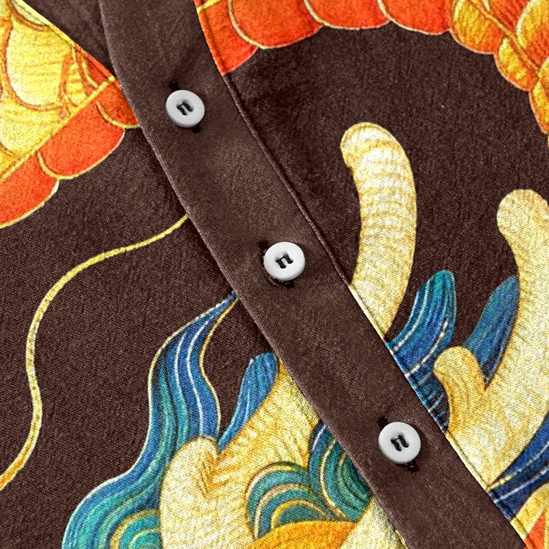 Buddha Stones Camicia da uomo a maniche corte con mezzo bottone, in cotone, con motivo drago dorato e nuvole di buon auspicio. - image 3