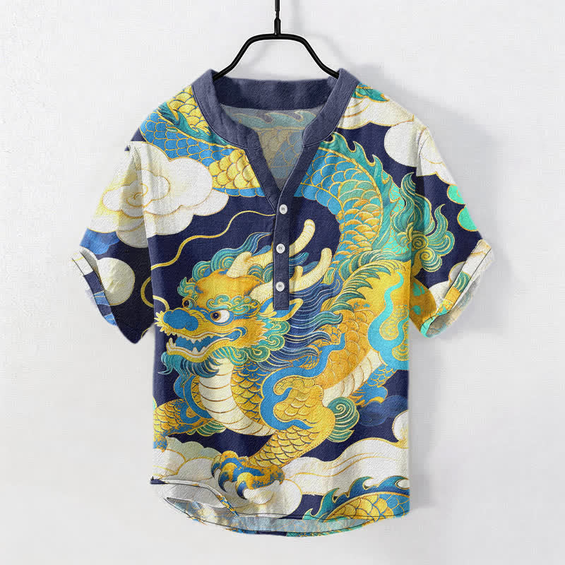 Buddha Stones Camicia da uomo a maniche corte con mezzo bottone, in cotone, con motivo drago dorato e nuvole di buon auspicio. - SteelBlue - US/UK/AU50, EU60 (5XL) - image 5