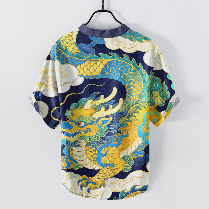 Buddha Stones Camicia da uomo a maniche corte con mezzo bottone, in cotone, con motivo drago dorato e nuvole di buon auspicio. - image 6