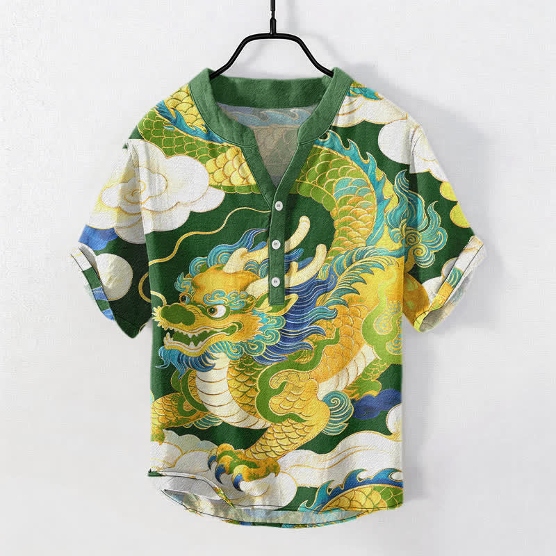 Buddha Stones Camicia da uomo a maniche corte con mezzo bottone, in cotone, con motivo drago dorato e nuvole di buon auspicio. - Verde studentesco - US/UK/AU50, EU60 (5XL) - image 7