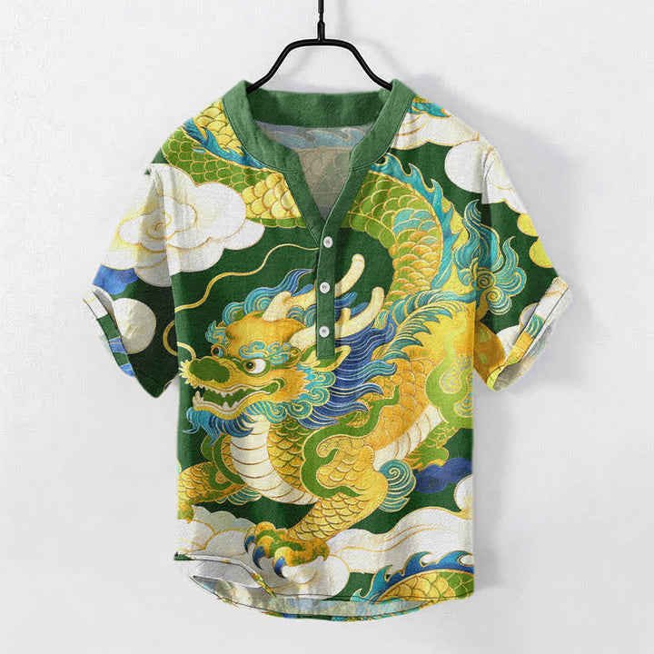 Buddha Stones Camicia da uomo a maniche corte con mezzo bottone, in cotone, con motivo drago dorato e nuvole di buon auspicio. - Verde studentesco - US/UK/AU50, EU60 (5XL) - image 7