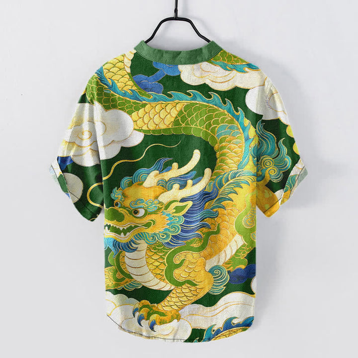 Buddha Stones Camicia da uomo a maniche corte con mezzo bottone, in cotone, con motivo drago dorato e nuvole di buon auspicio. - image 8