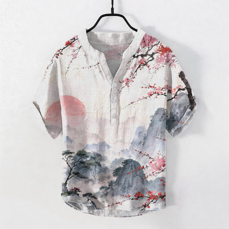 Buddha Stones Camicia da uomo a maniche corte con mezza abbottonatura, stampa paesaggio con fiori di pruno e motivo a inchiostro di cotone. - Corallo chiaro - US/UK/AU50, EU60 (5XL) - image 0