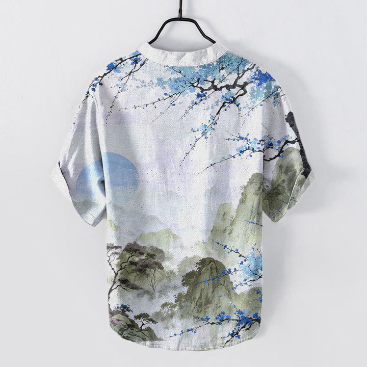 Buddha Stones Camicia da uomo a maniche corte con mezza abbottonatura, stampa paesaggio con fiori di pruno e motivo a inchiostro di cotone. - image 4
