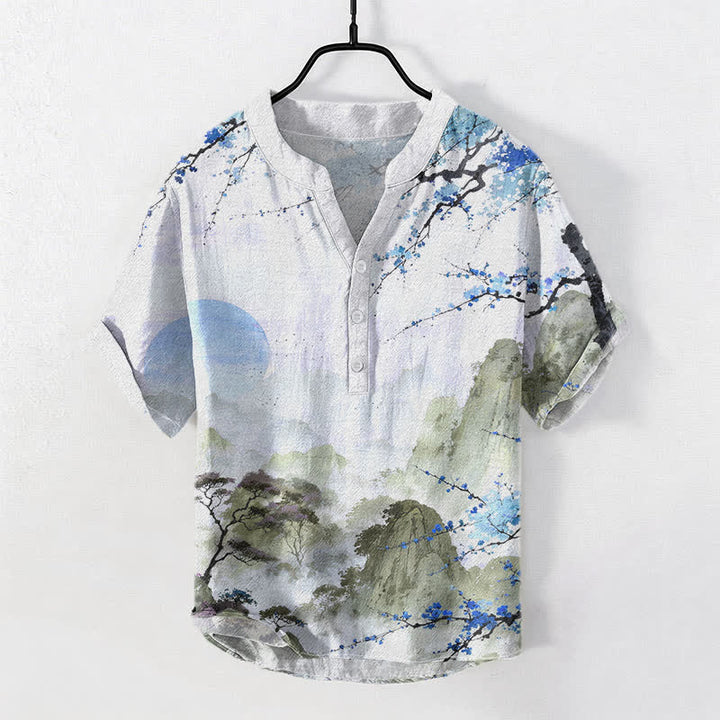Buddha Stones Camicia da uomo a maniche corte con mezza abbottonatura, stampa paesaggio con fiori di pruno e motivo a inchiostro di cotone. - Azzurro chiaro - US/UK/AU50, EU60 (5XL) - image 3