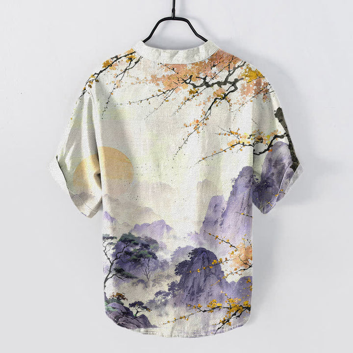 Buddha Stones Camicia da uomo a maniche corte con mezza abbottonatura, stampa paesaggio con fiori di pruno e motivo a inchiostro di cotone. - image 6