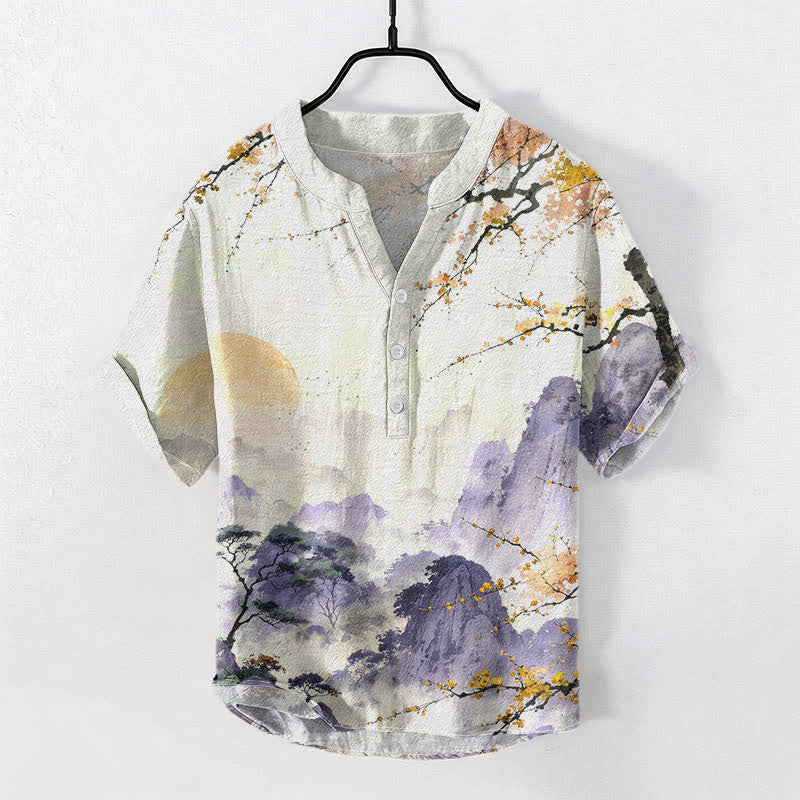 Buddha Stones Camicia da uomo a maniche corte con mezza abbottonatura, stampa paesaggio con fiori di pruno e motivo a inchiostro di cotone. - Grano - US/UK/AU50, EU60 (5XL) - image 5