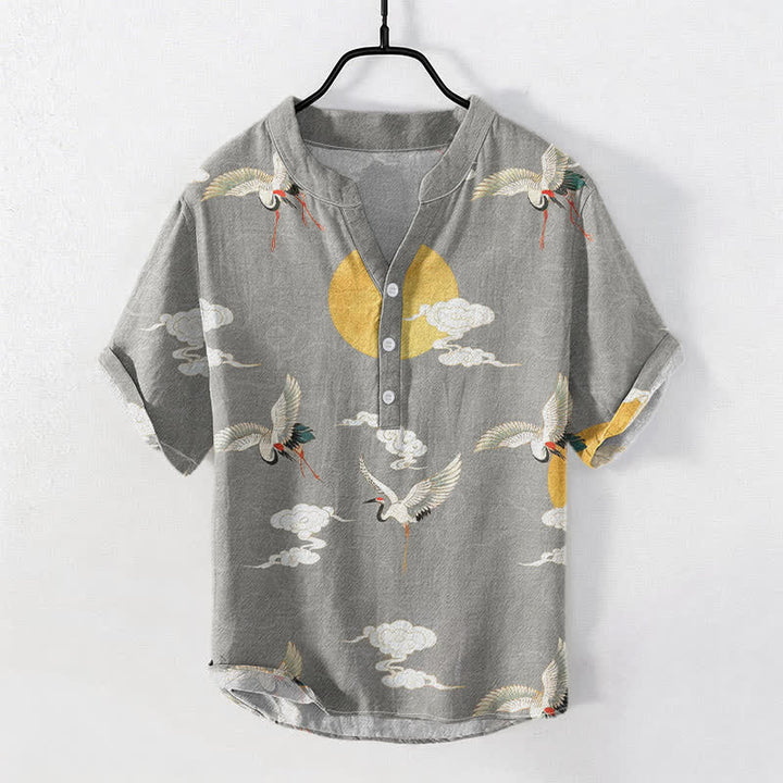 Buddha Stones Camicia da uomo a maniche corte con mezza abbottonatura, in cotone, con motivo gru, nuvole e sole. - Grigio chiaro - US/UK/AU50, EU60 (5XL) - image 0
