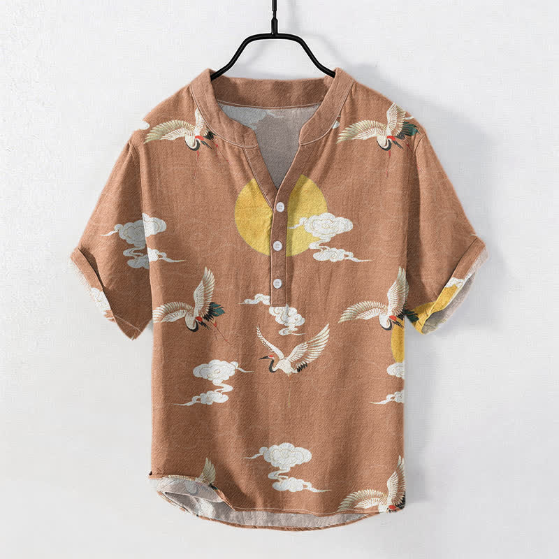 Buddha Stones Camicia da uomo a maniche corte con mezza abbottonatura, in cotone, con motivo gru, nuvole e sole. - SandyBrown - US/UK/AU50, EU60 (5XL) - image 3