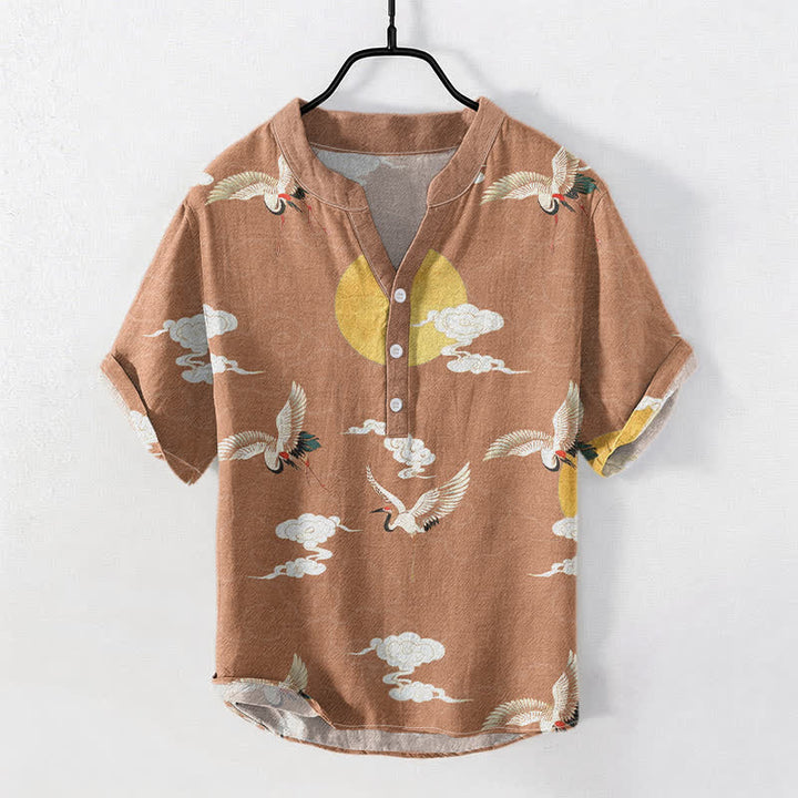Buddha Stones Camicia da uomo a maniche corte con mezza abbottonatura, in cotone, con motivo gru, nuvole e sole. - SandyBrown - US/UK/AU50, EU60 (5XL) - image 3