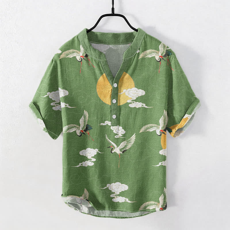 Buddha Stones Camicia da uomo a maniche corte con mezza abbottonatura, in cotone, con motivo gru, nuvole e sole. - Verde Mare Medio - US/UK/AU50, EU60 (5XL) - image 5