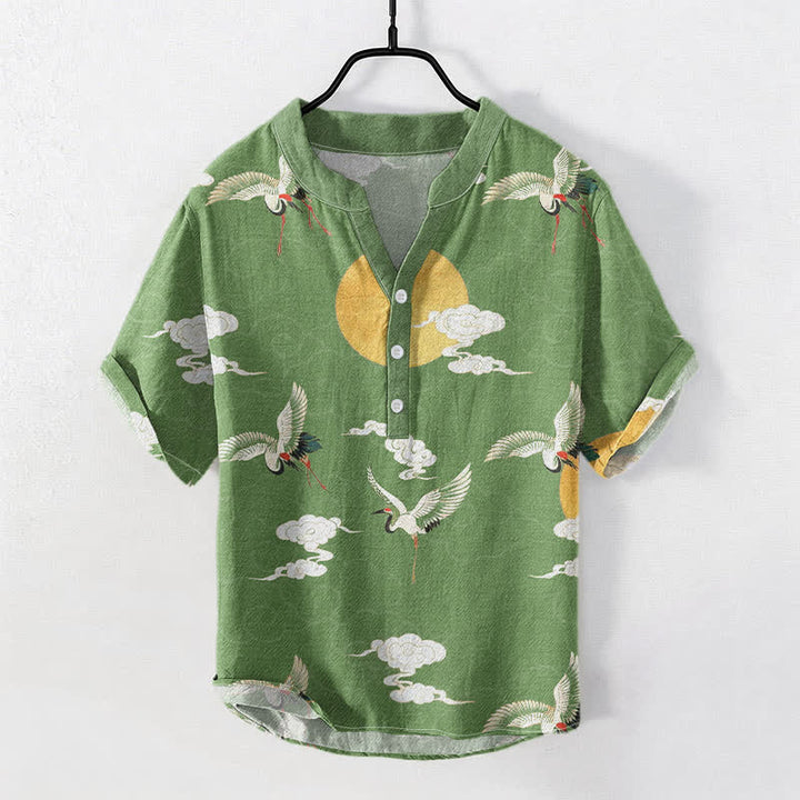 Buddha Stones Camicia da uomo a maniche corte con mezza abbottonatura, in cotone, con motivo gru, nuvole e sole. - Verde Mare Medio - US/UK/AU50, EU60 (5XL) - image 5