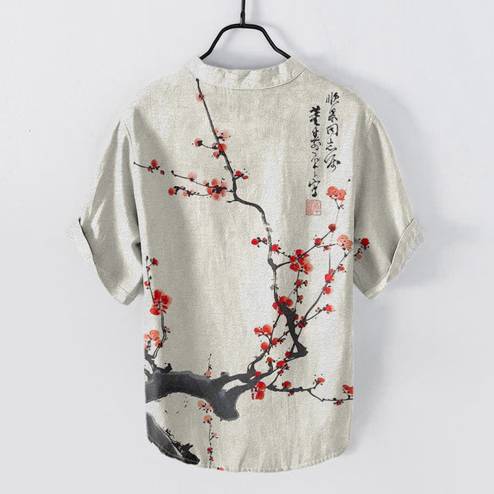 Buddha Stones Camicia da uomo a maniche corte con mezzo bottone, in cotone, con motivo a ramo di pruno in fiore e calligrafia. - image 1