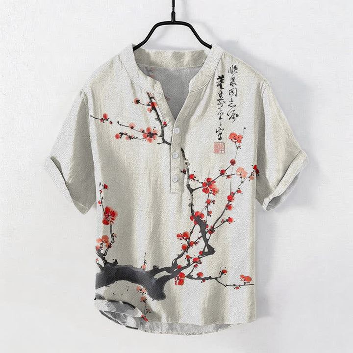 Buddha Stones Camicia da uomo a maniche corte con mezzo bottone, in cotone, con motivo a ramo di pruno in fiore e calligrafia. - Corallo chiaro - US/UK/AU50, EU60 (5XL) - image 0