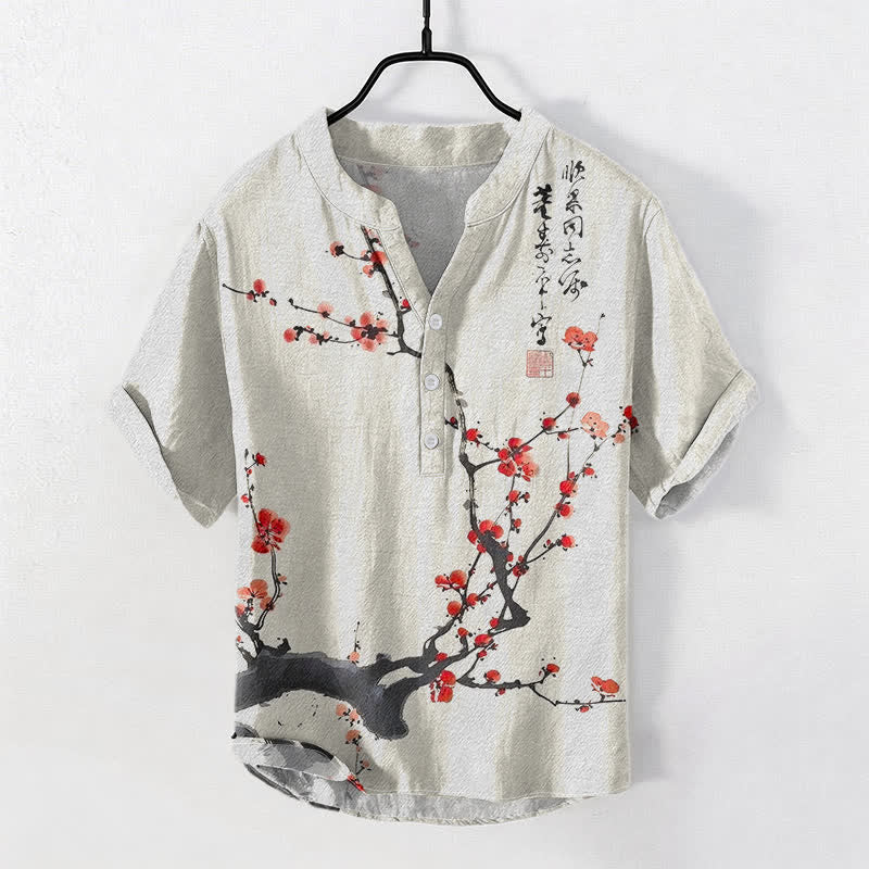 Buddha Stones Camicia da uomo a maniche corte con mezzo bottone, in cotone, con motivo a ramo di pruno in fiore e calligrafia. - Corallo chiaro - US/UK/AU50, EU60 (5XL) - image 0