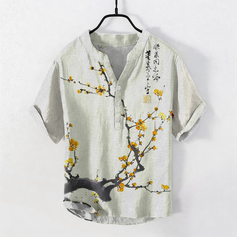 Buddha Stones Camicia da uomo a maniche corte con mezzo bottone, in cotone, con motivo a ramo di pruno in fiore e calligrafia. - Cachi - US/UK/AU50, EU60 (5XL) - image 3