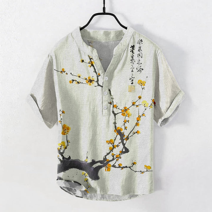 Buddha Stones Camicia da uomo a maniche corte con mezzo bottone, in cotone, con motivo a ramo di pruno in fiore e calligrafia. - Cachi - US/UK/AU50, EU60 (5XL) - image 3