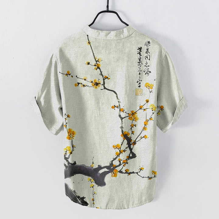 Buddha Stones Camicia da uomo a maniche corte con mezzo bottone, in cotone, con motivo a ramo di pruno in fiore e calligrafia. - image 4