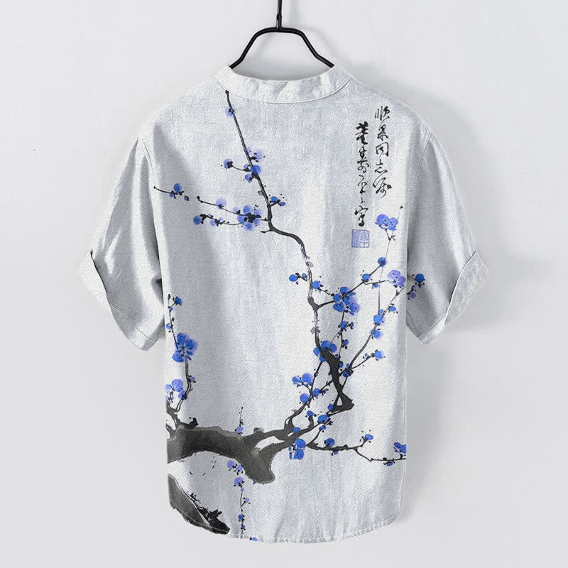 Buddha Stones Camicia da uomo a maniche corte con mezzo bottone, in cotone, con motivo a ramo di pruno in fiore e calligrafia. - image 6
