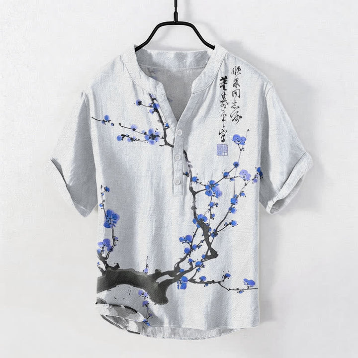 Buddha Stones Camicia da uomo a maniche corte con mezzo bottone, in cotone, con motivo a ramo di pruno in fiore e calligrafia. - Azzurro cielo chiaro - US/UK/AU50, EU60 (5XL) - image 5