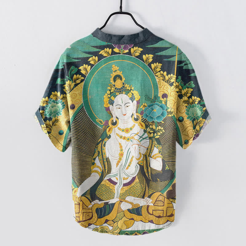 Buddha Stones Camicia da uomo a maniche corte con mezza abbottonatura, in cotone, con motivo floreale e Buddha radioso. - image 1