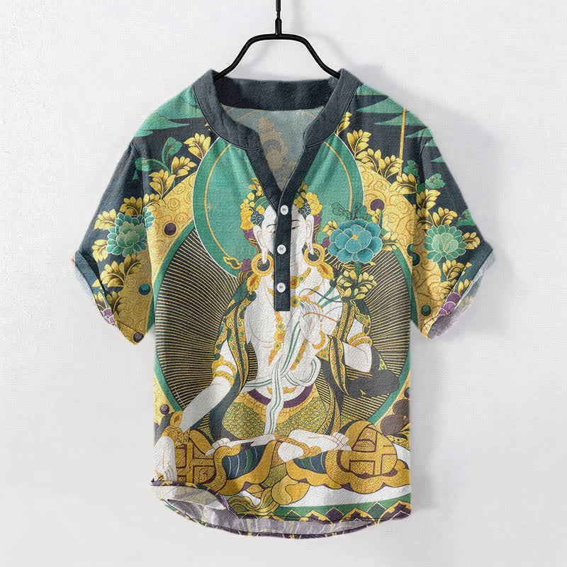 Buddha Stones Camicia da uomo a maniche corte con mezza abbottonatura, in cotone, con motivo floreale e Buddha radioso. - Verde Mare Chiaro - US/UK/AU50, EU60 (5XL) - image 0