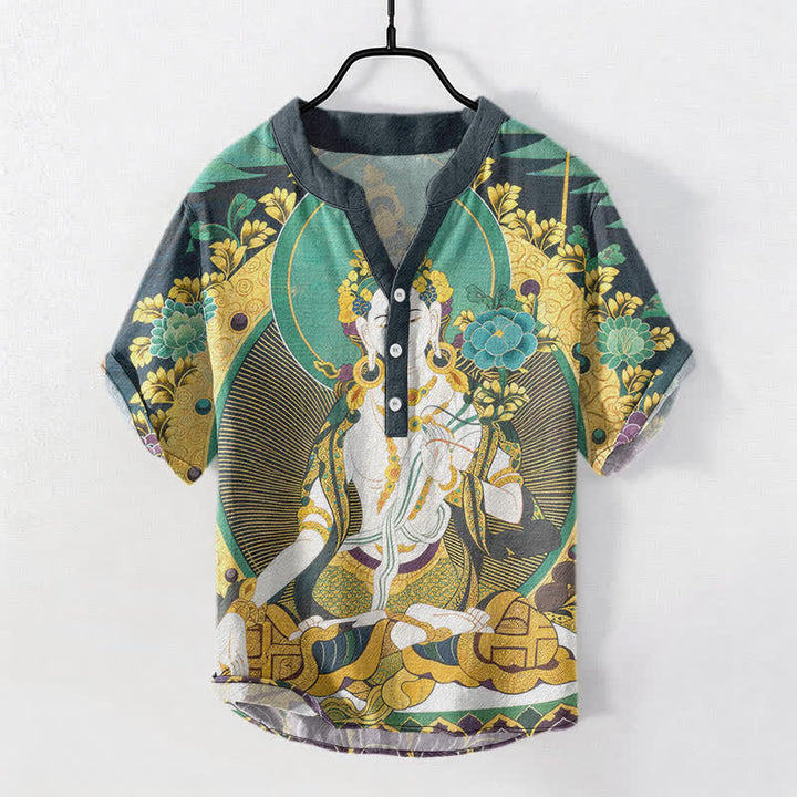 Buddha Stones Camicia da uomo a maniche corte con mezza abbottonatura, in cotone, con motivo floreale e Buddha radioso. - Verde Mare Chiaro - US/UK/AU50, EU60 (5XL) - image 0