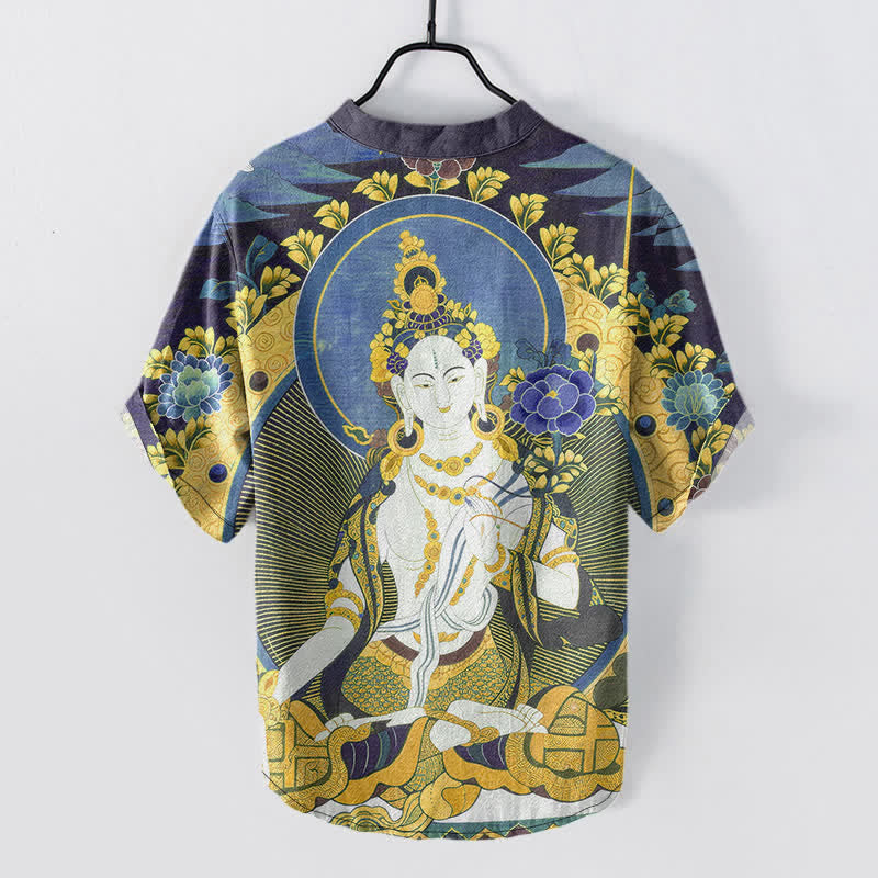 Buddha Stones Camicia da uomo a maniche corte con mezza abbottonatura, in cotone, con motivo floreale e Buddha radioso. - image 6