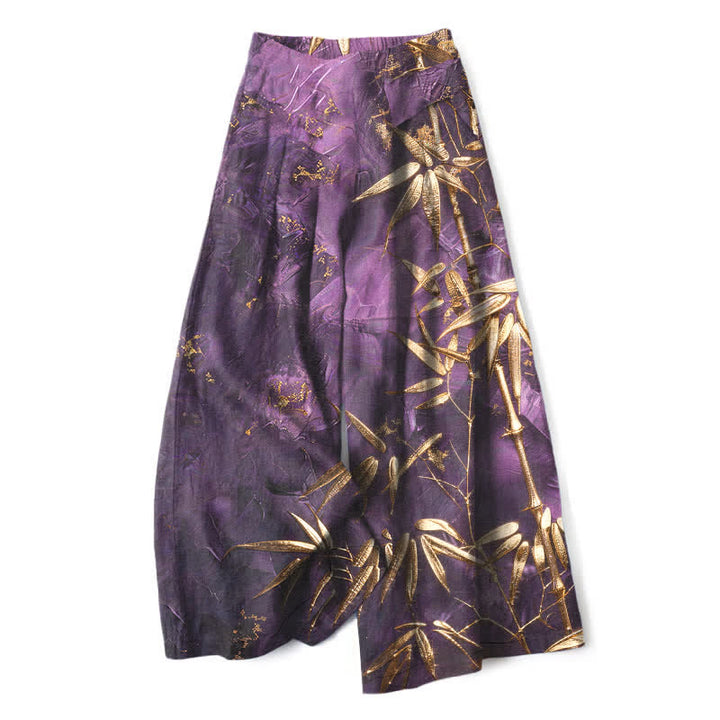 Buddha Stones Pantaloni da donna a gamba larga con elastico in vita e tasche, in cotone e lino, con fantasia bambù dorato. - BluViola - US16, UK/AU20, EU48 (3XL) - image 0