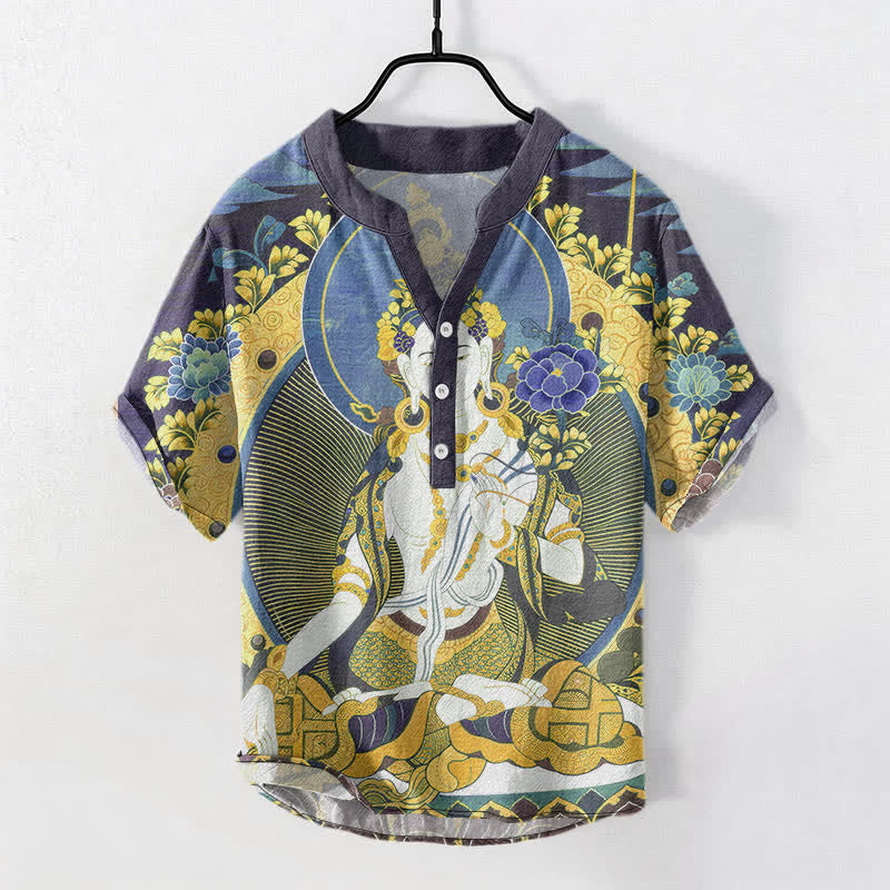 Buddha Stones Camicia da uomo a maniche corte con mezza abbottonatura, in cotone, con motivo floreale e Buddha radioso. - Blu fiordaliso - US/UK/AU50, EU60 (5XL) - image 5