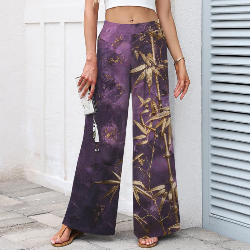 Buddha Stones Pantaloni da donna a gamba larga con elastico in vita e tasche, in cotone e lino, con fantasia bambù dorato. - image 1