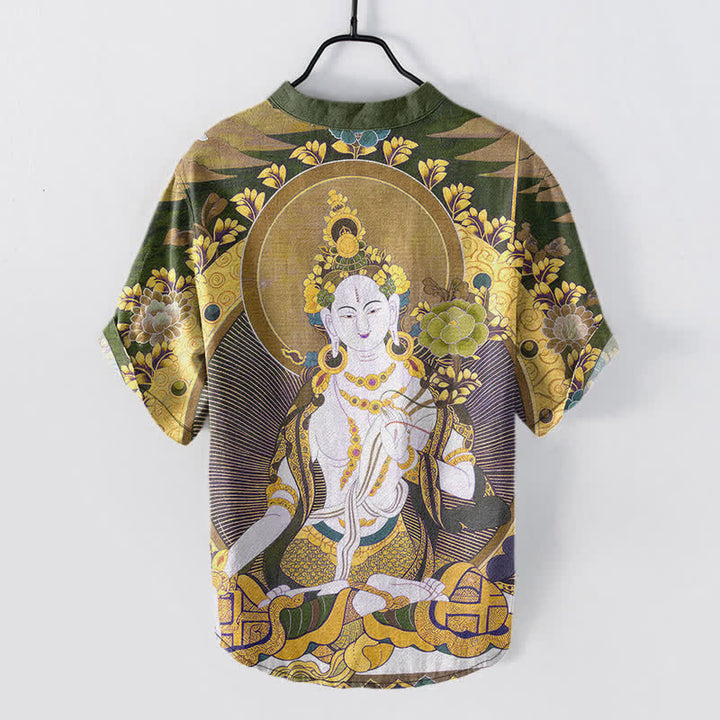 Buddha Stones Camicia da uomo a maniche corte con mezza abbottonatura, in cotone, con motivo floreale e Buddha radioso. - image 8