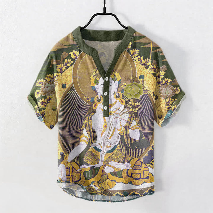 Buddha Stones Camicia da uomo a maniche corte con mezza abbottonatura, in cotone, con motivo floreale e Buddha radioso. - Cachi scuro - US/UK/AU50, EU60 (5XL) - image 7