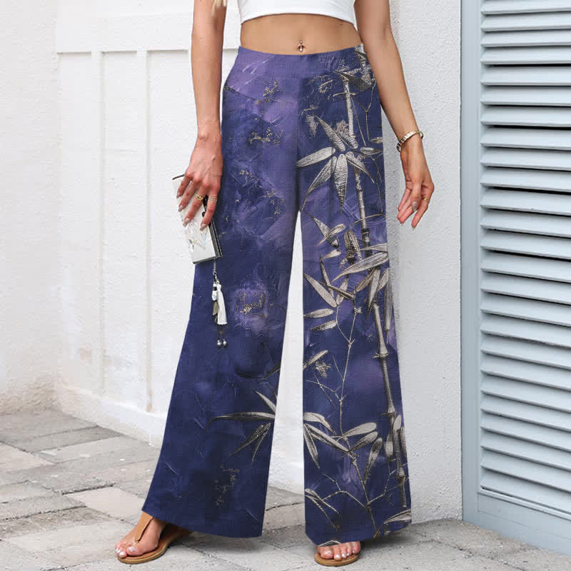 Buddha Stones Pantaloni da donna a gamba larga con elastico in vita e tasche, in cotone e lino, con fantasia bambù dorato. - image 6