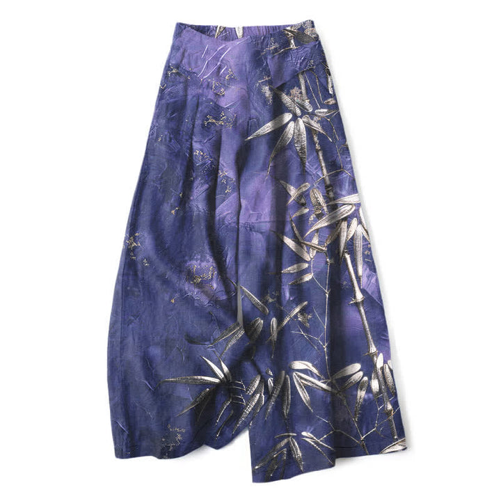 Buddha Stones Pantaloni da donna a gamba larga con elastico in vita e tasche, in cotone e lino, con fantasia bambù dorato. - Indaco - US16, UK/AU20, EU48 (3XL) - image 5
